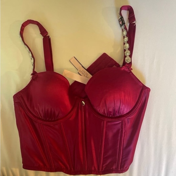 VS Dream Angels Embellished Burgundy Satin Lightly Lined Demi Corset 32B - Picture 3 of 7